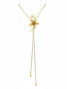 Vintage Gold Tone  Bolo Lariat Style Slide Necklace Flower Mesh Rose 30" Fashion